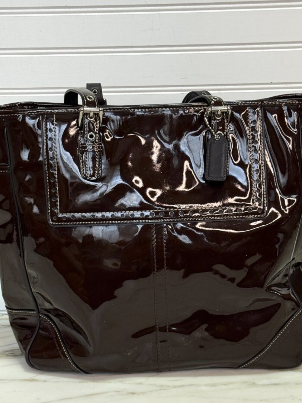 Coach Mahogany Patent Leather Gallery Tote Shoulder Bag Zip Top Large - Picture 7 of 8